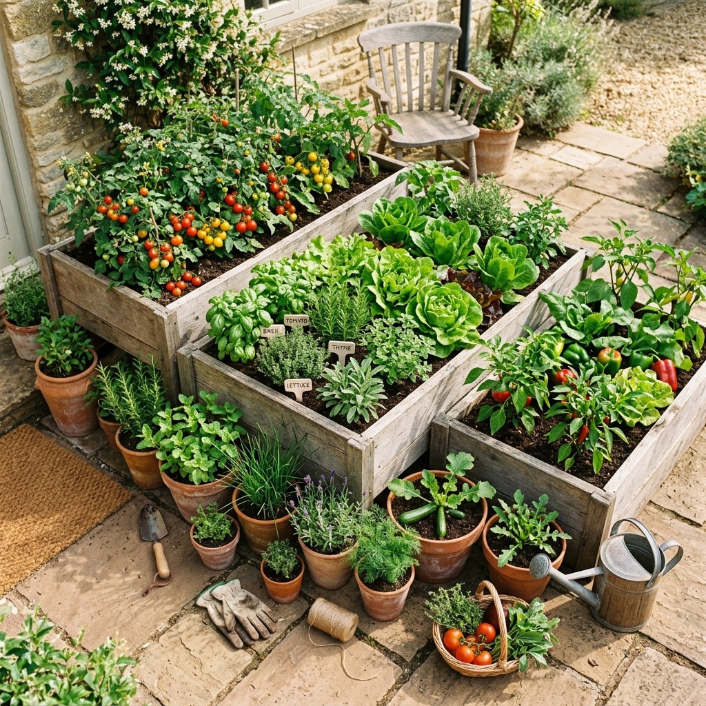 Beautiful home vegetable garden with tomatoes, herbs, and peppers growing in containers