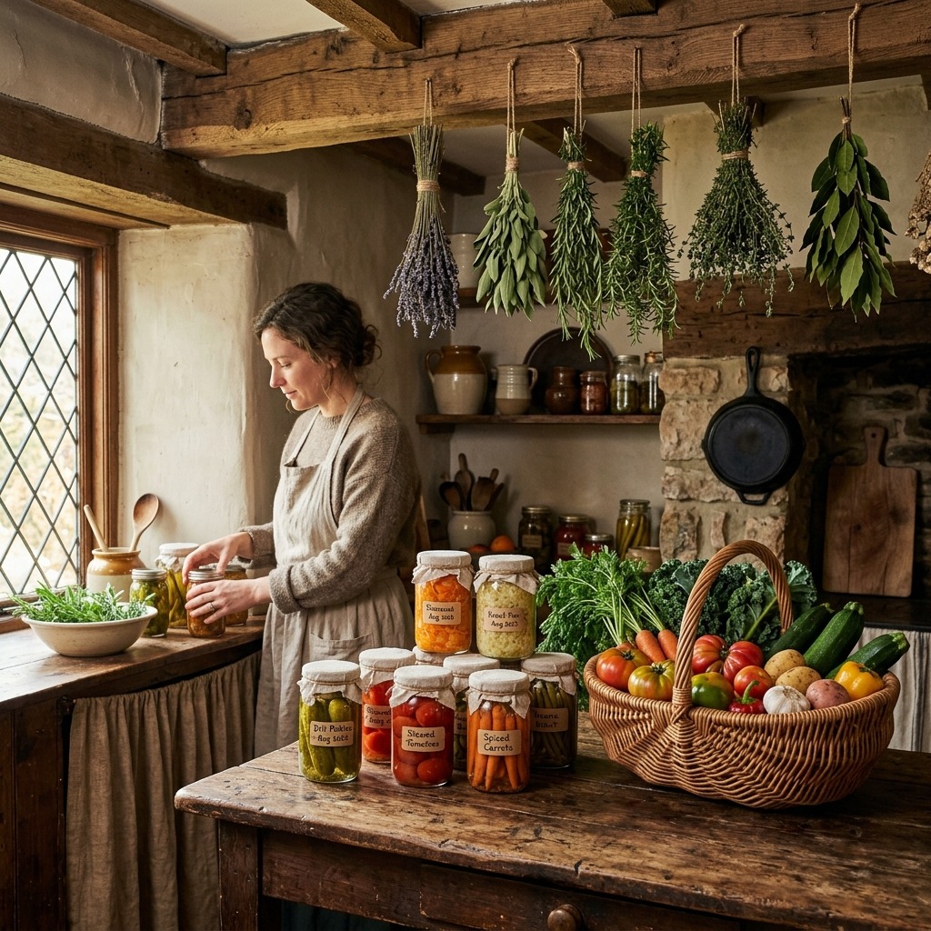 Homestead kitchen with preserved vegetables, mason jars, and fresh garden produce